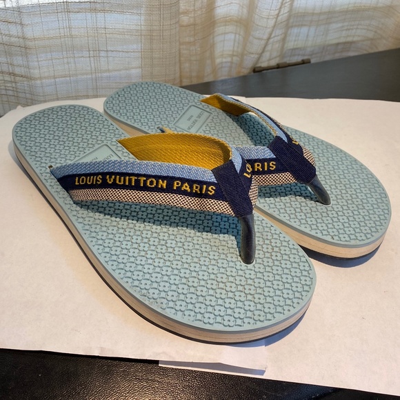 LOUIS VUITTON 'BAHIA' THONG RUBBER MONOGRAM blue FLIP FLOPS sandals Sz 7 SLIPPER - Picture 1 of 8